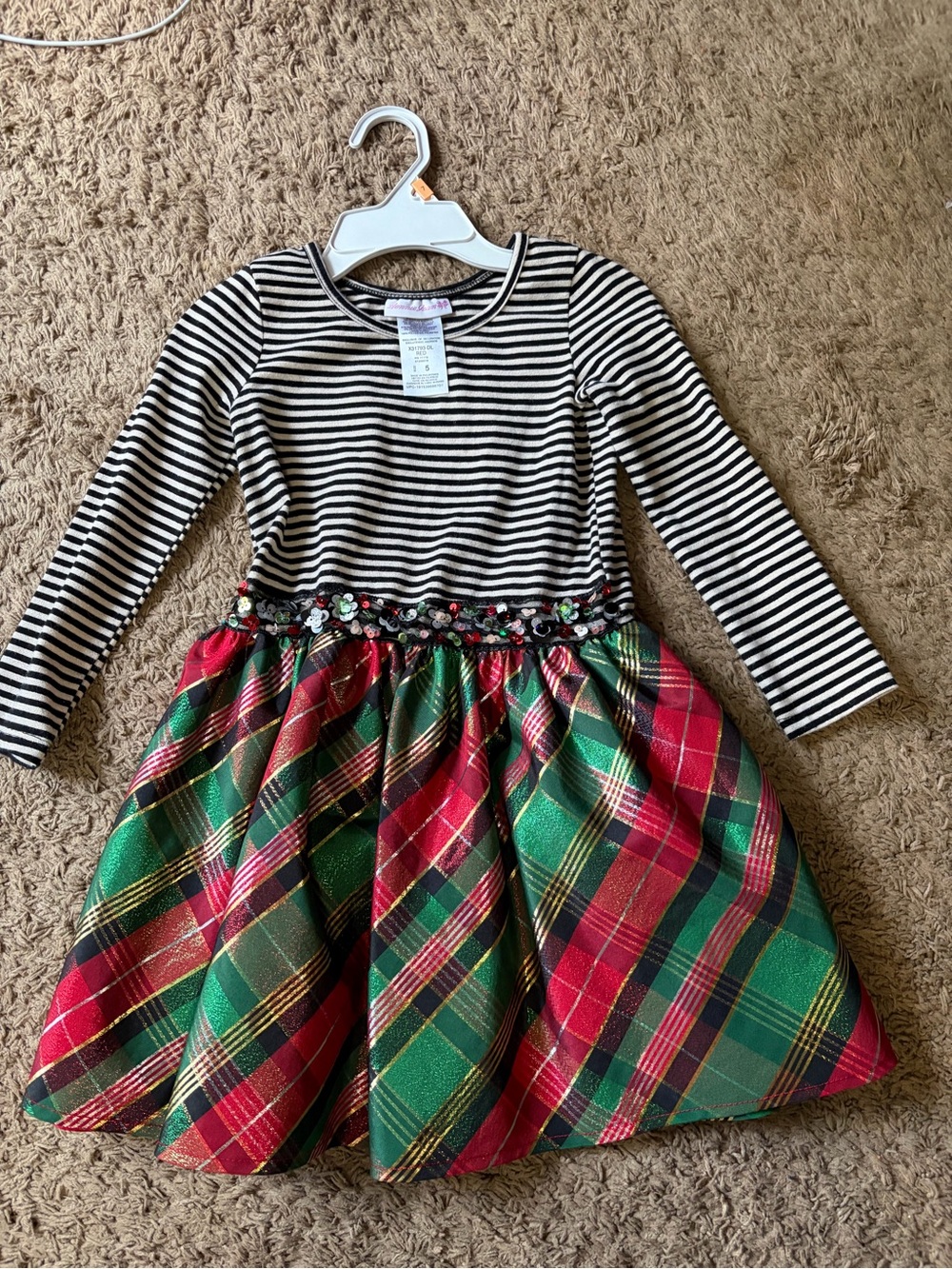 Bonnie Jean Black & White Striped Top with Red and Green Plaid Skirt Dress